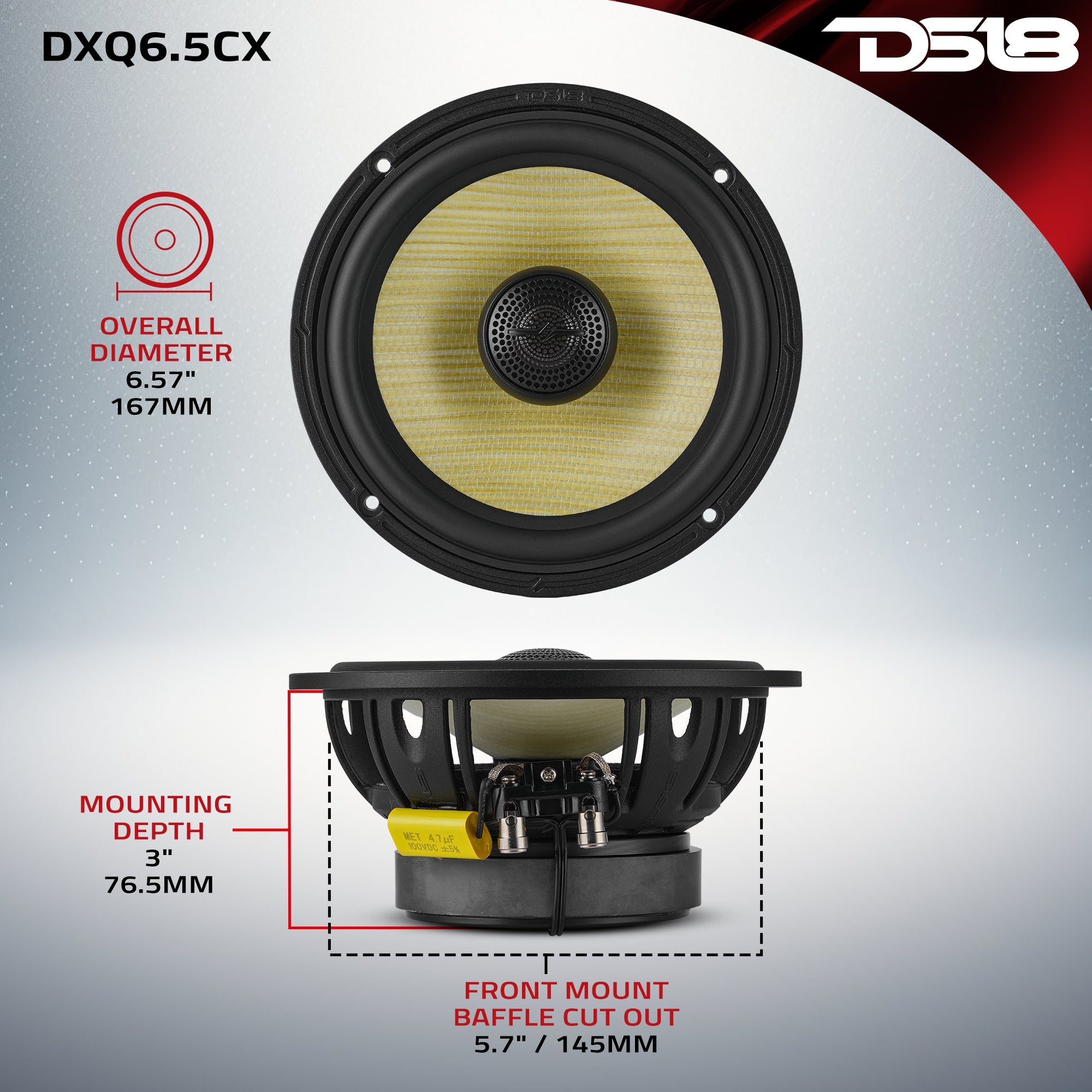 DS18 DXQ6.5CX DXQ 6.5" 2-Way Coaxial Speaker with Yellow Straw and Composite Foam Cone | 150W RMS 4-Ohm — image 8