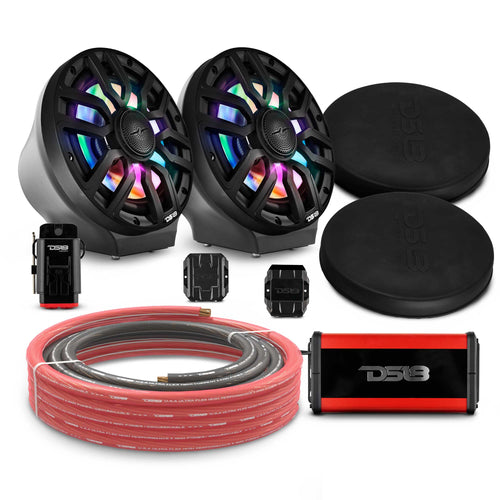DS18 EN-JS8PKGWH/IQBK 8" Loaded Flat Mount Speaker Pods with Amplifier, Installation Kit and Digital LED Lights, Package for Can-Am Spyder & Ryker — White / Black w/Plastic Grill — image 2