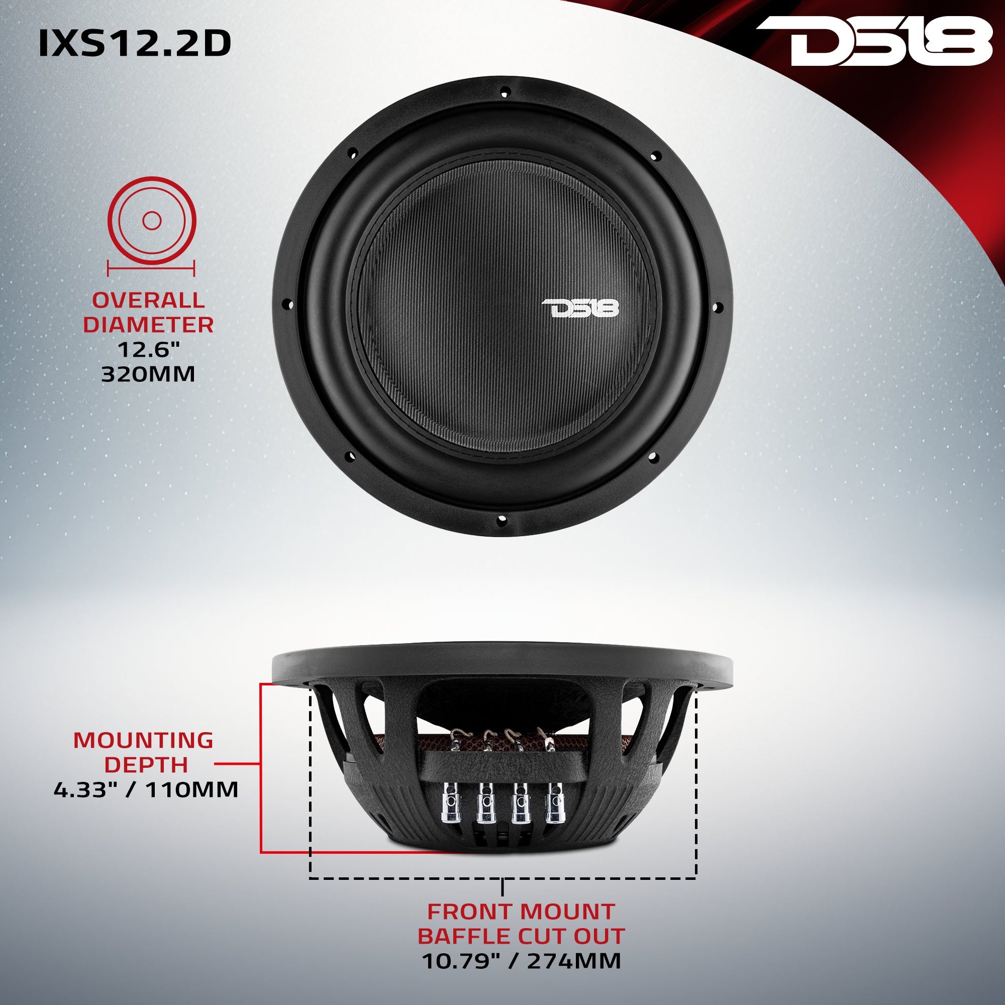 DS18 IXS12.2D IXS Shallow-Mount 12" Fiber Glass Subwoofer 800 Watts Rms DVC 2-Ohm — image 6