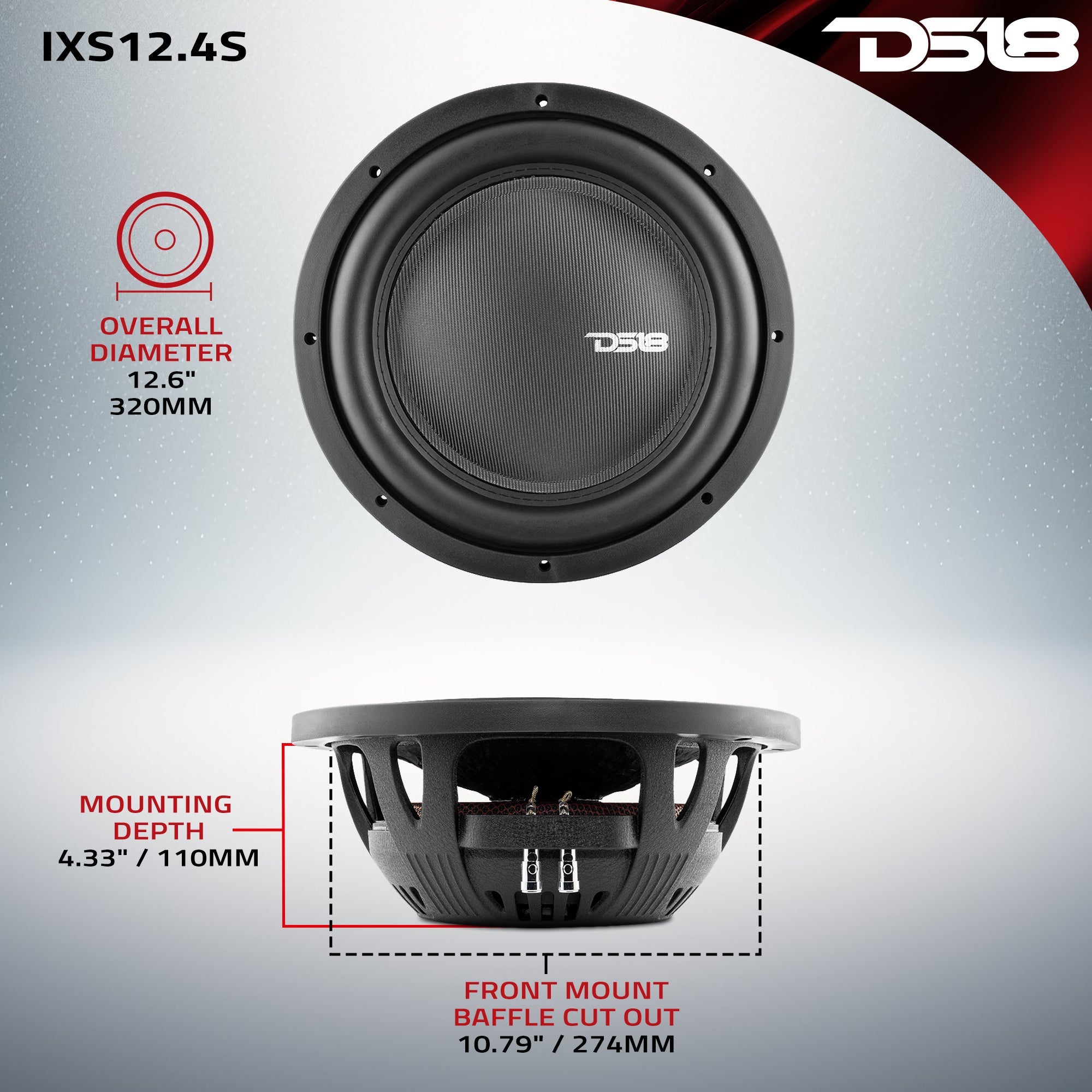 DS18 IXS12.4S IXS Shallow-Mount 12" Fiber Glass Subwoofer 800 Watts Rms SVC 4-Ohm — image 6