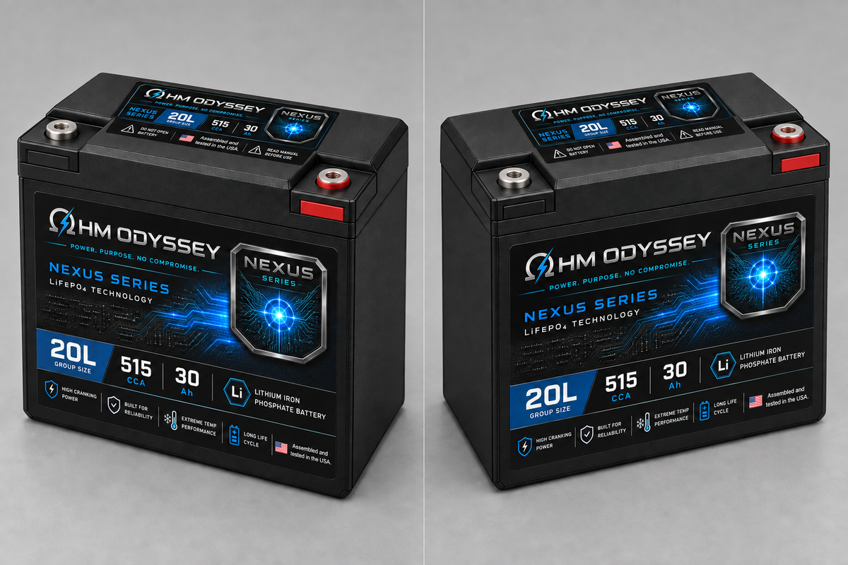 Ohm Odyssey Nexus 20L battery — two three-quarter views