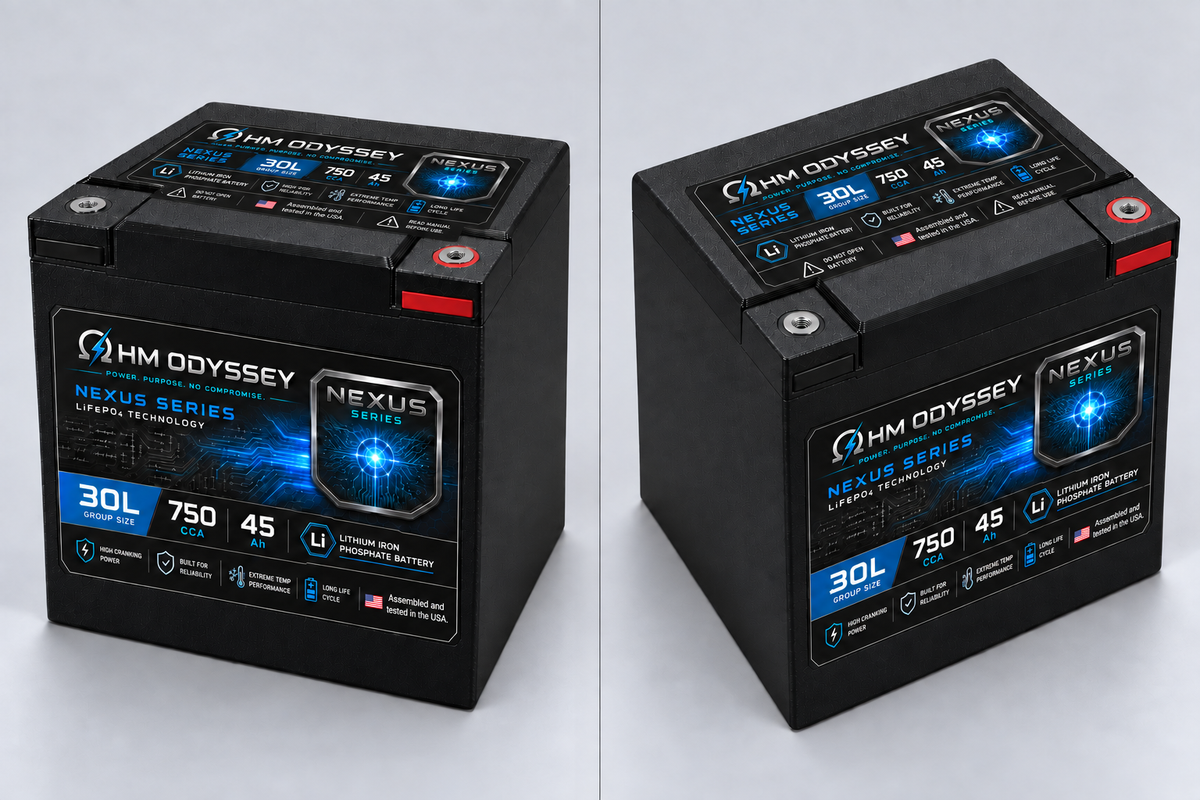 Ohm Odyssey Nexus 30L battery — two three-quarter views