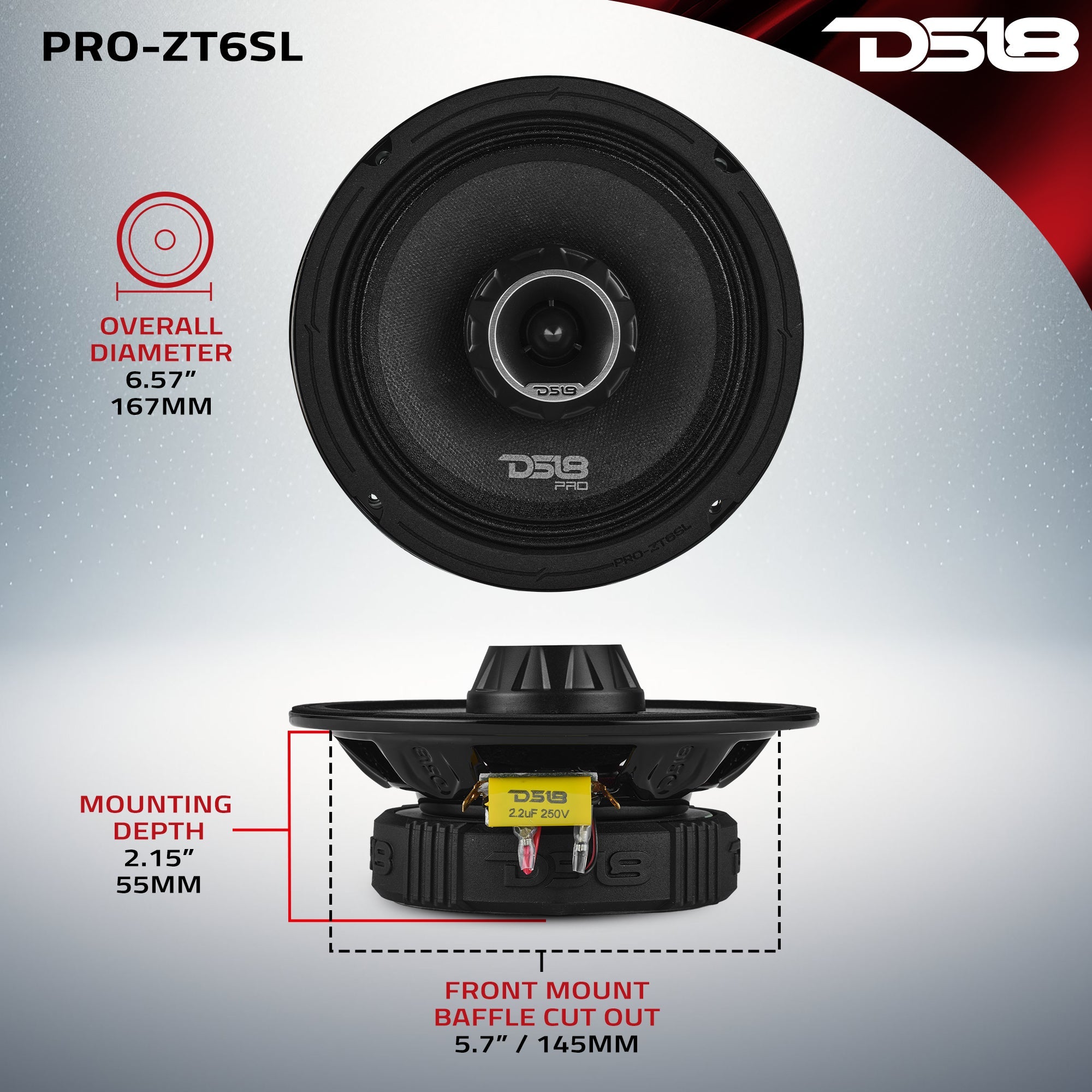 DS18 PRO-ZT6SL PRO-ZT 6.5” Slim Coaxial Mid-Range Loudspeaker with Water-Resistant Cone Built-in Bullet Tweeter | 200W RMS 4-Ohm — image 7