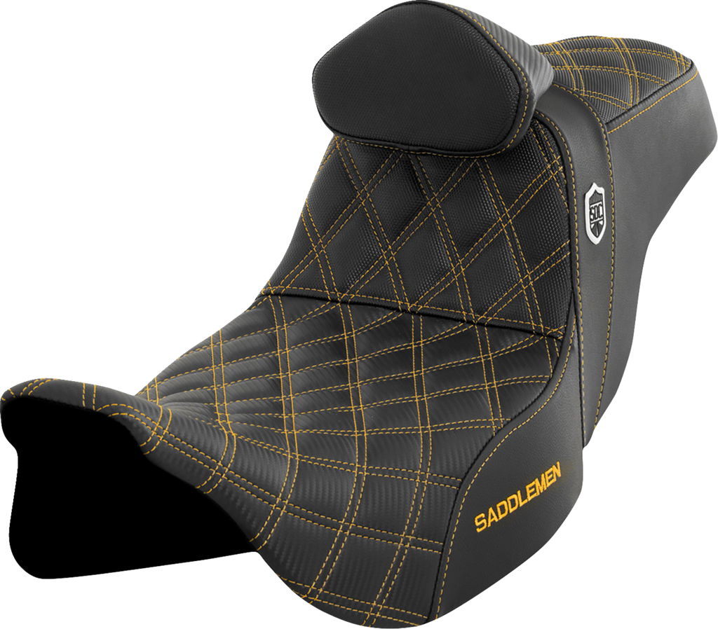 SADDLEMEN Pro Series SDC Performance Seat - w/ Backrest - Gold Stitch - FLH/FLT '08-'25 SC80807GOLRT — image 1
