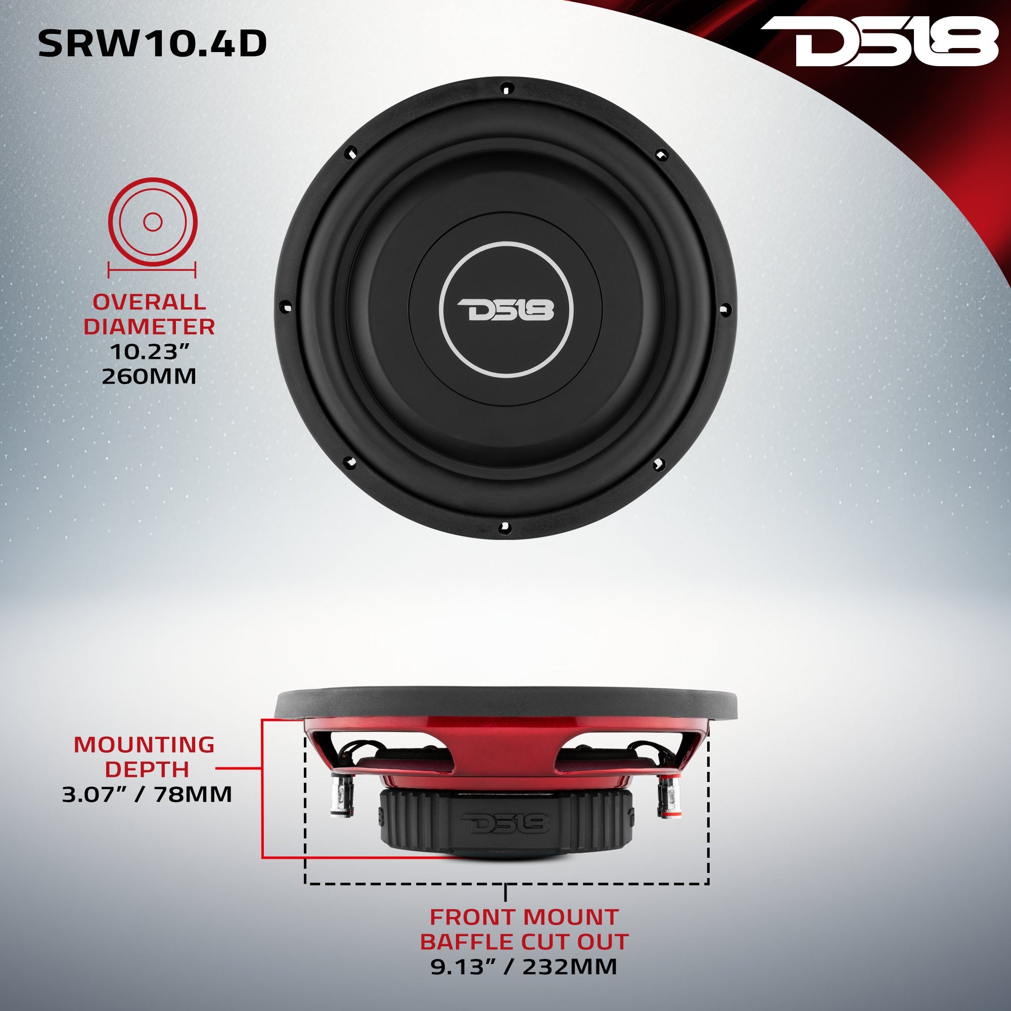 DS18 SRW10.4D SRW Shallow-Mount 10" Subwoofer 200 Watts Rms DVC 4-Ohm — image 6