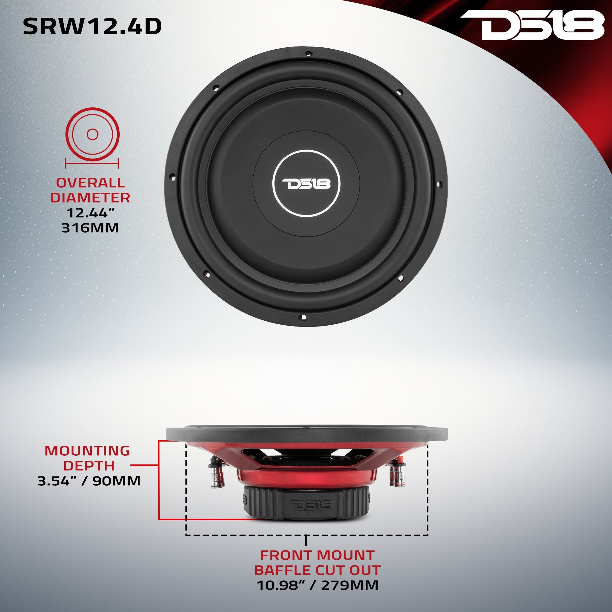 DS18 SRW12.4D SRW Shallow-Mount 12" Subwoofer 220 Watts Rms DVC 4-Ohm — image 6