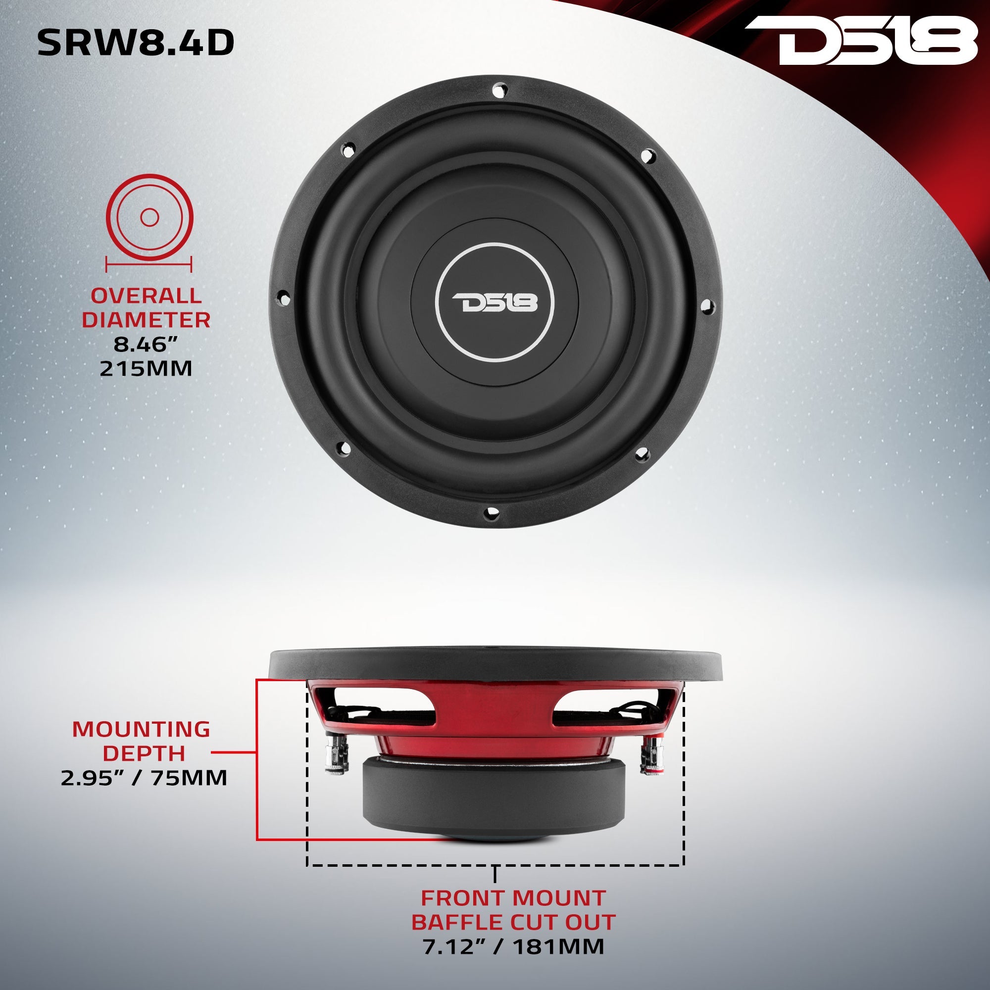DS18 SRW8.4D SRW Shallow-Mount 8" Subwoofer 150 Watts Rms DVC 4-Ohm — image 6